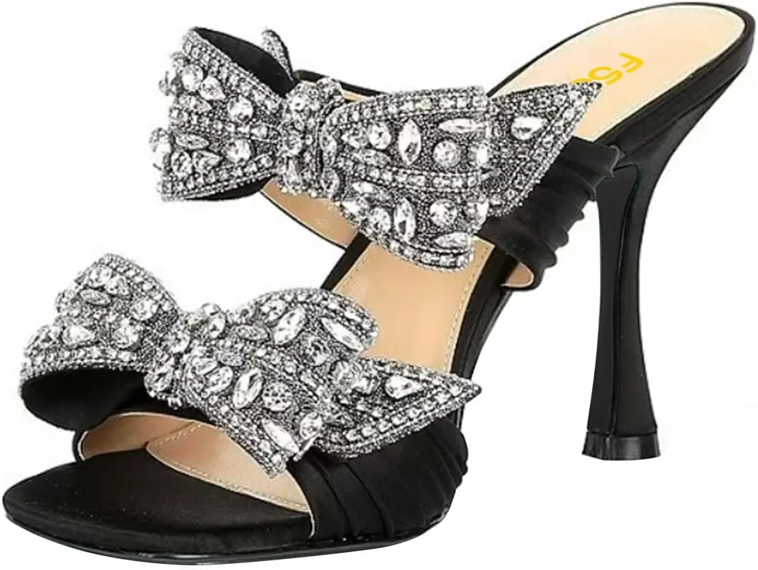 FSJ Women Sexy Two Bows Open Toe Mules Stiletto High Heel Slip On Party Evening Prom Dress Slides Sandals Shoes Size 4-15 US