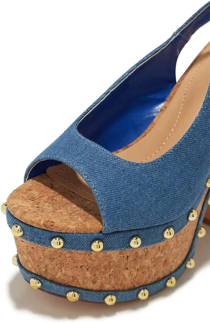 FSJ Women Studded Peep Open Toe Slingback Platform Chunky Heels Sandals Wooden High Heel Adjustable Buckle Wedges Party Wedding Dating Shoes Size 4-16 US