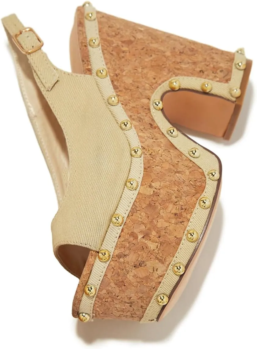 FSJ Women Studded Peep Open Toe Slingback Platform Chunky Heels Sandals Wooden High Heel Adjustable Buckle Wedges Party Wedding Dating Shoes Size 4-16 US