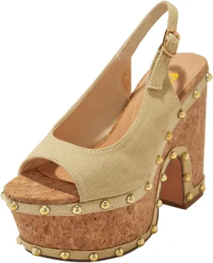 FSJ Women Studded Peep Open Toe Slingback Platform Chunky Heels Sandals Wooden High Heel Adjustable Buckle Wedges Party Wedding Dating Shoes Size 4-16 US