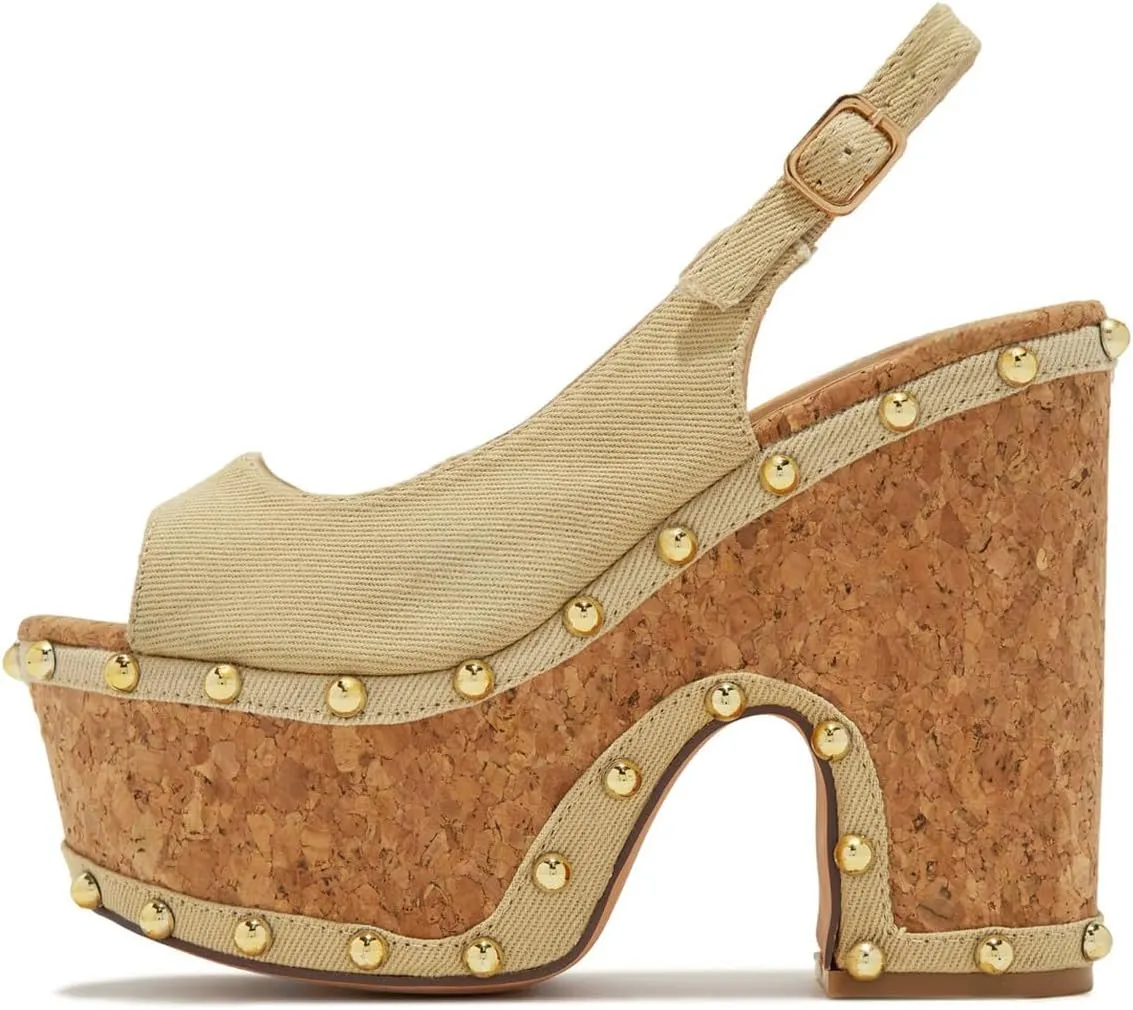 FSJ Women Studded Peep Open Toe Slingback Platform Chunky Heels Sandals Wooden High Heel Adjustable Buckle Wedges Party Wedding Dating Shoes Size 4-16 US
