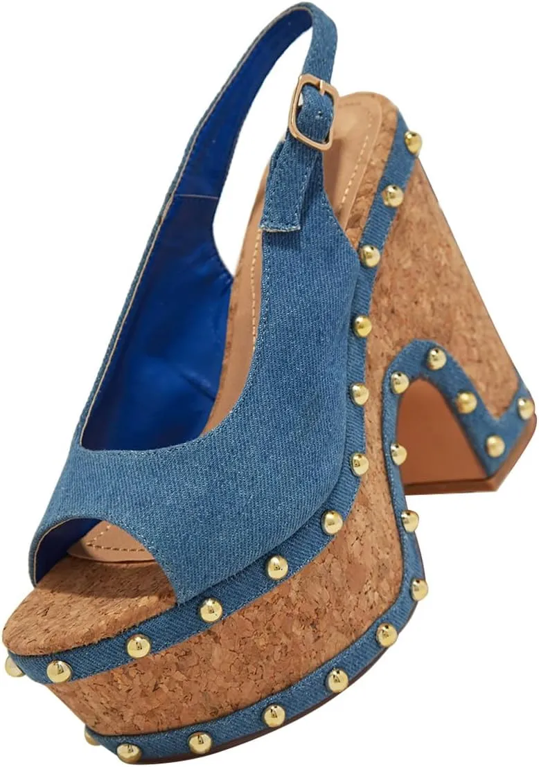 FSJ Women Studded Peep Open Toe Slingback Platform Chunky Heels Sandals Wooden High Heel Adjustable Buckle Wedges Party Wedding Dating Shoes Size 4-16 US
