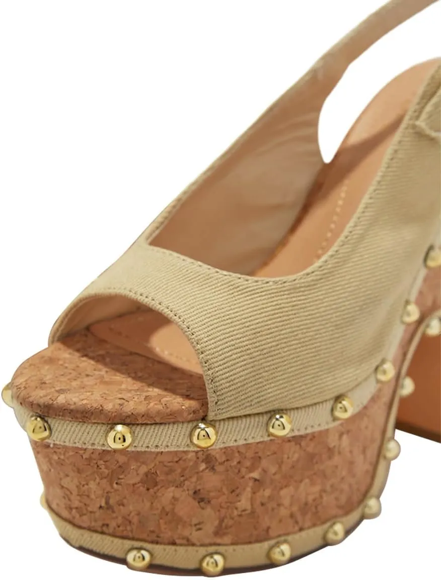 FSJ Women Studded Peep Open Toe Slingback Platform Chunky Heels Sandals Wooden High Heel Adjustable Buckle Wedges Party Wedding Dating Shoes Size 4-16 US