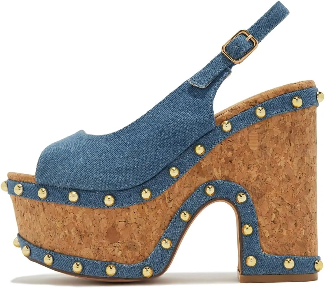 FSJ Women Studded Peep Open Toe Slingback Platform Chunky Heels Sandals Wooden High Heel Adjustable Buckle Wedges Party Wedding Dating Shoes Size 4-16 US