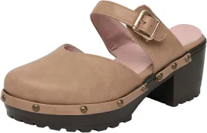 getmorebeauty Women's Chunky Heels Mules Clogs Slip-on Buckle Closed Toe Classic Rivet Platform Clogs Shoes