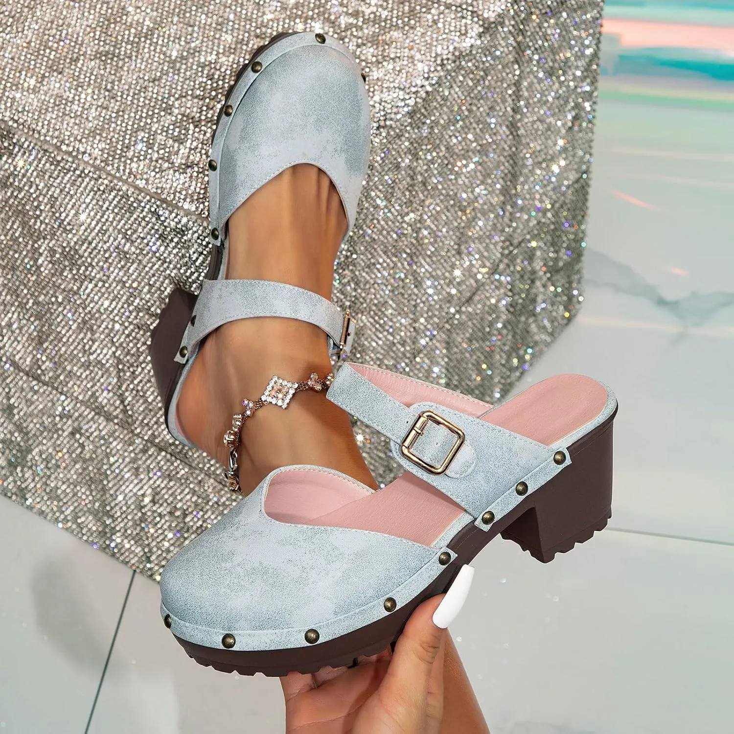 getmorebeauty Women's Chunky Heels Mules Clogs Slip-on Buckle Closed Toe Classic Rivet Platform Clogs Shoes