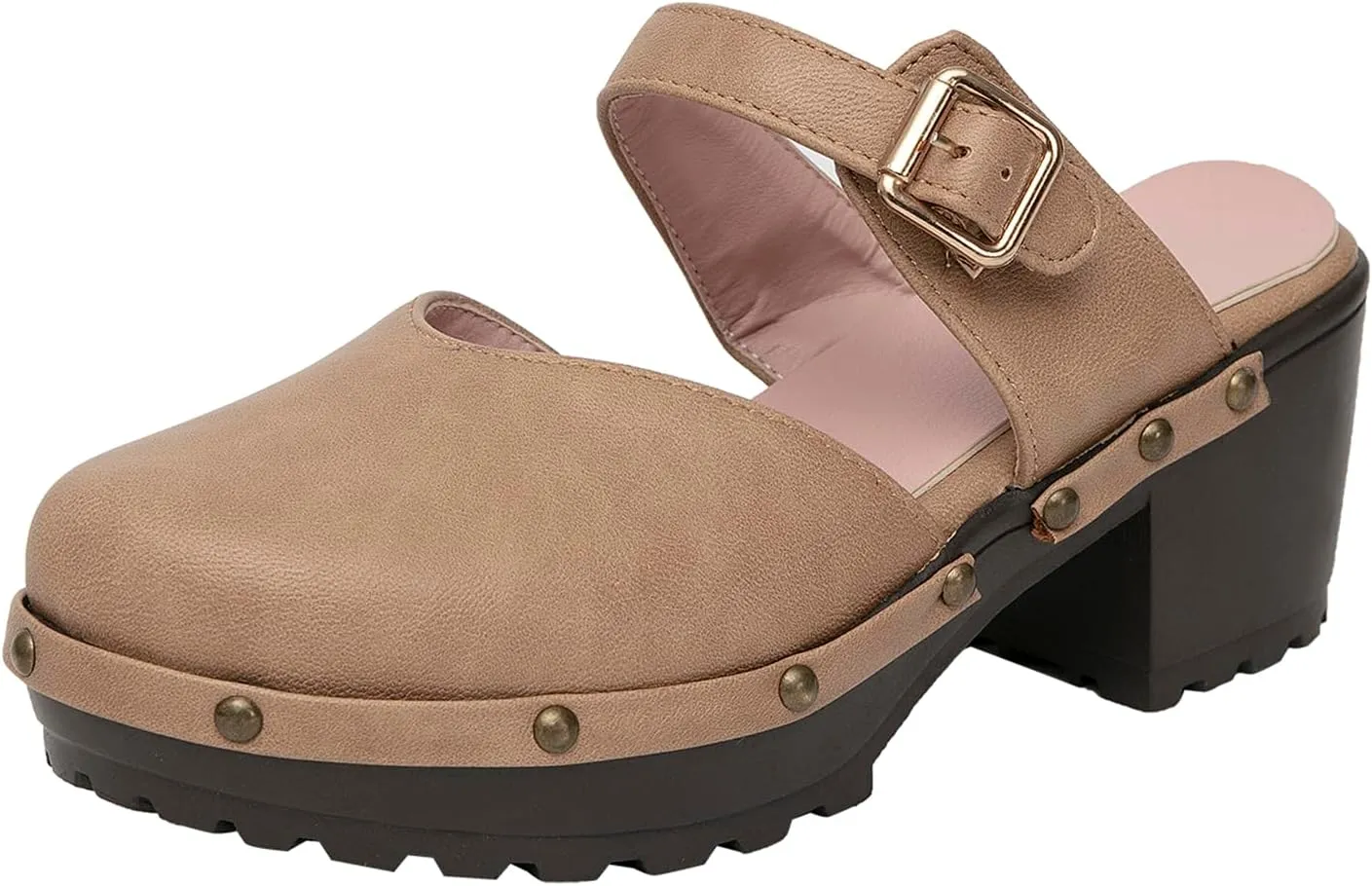 getmorebeauty Women's Chunky Heels Mules Clogs Slip-on Buckle Closed Toe Classic Rivet Platform Clogs Shoes
