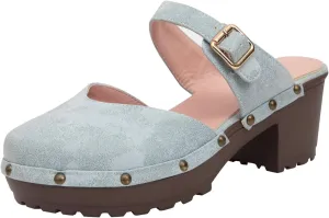 getmorebeauty Women's Chunky Heels Mules Clogs Slip-on Buckle Closed Toe Classic Rivet Platform Clogs Shoes