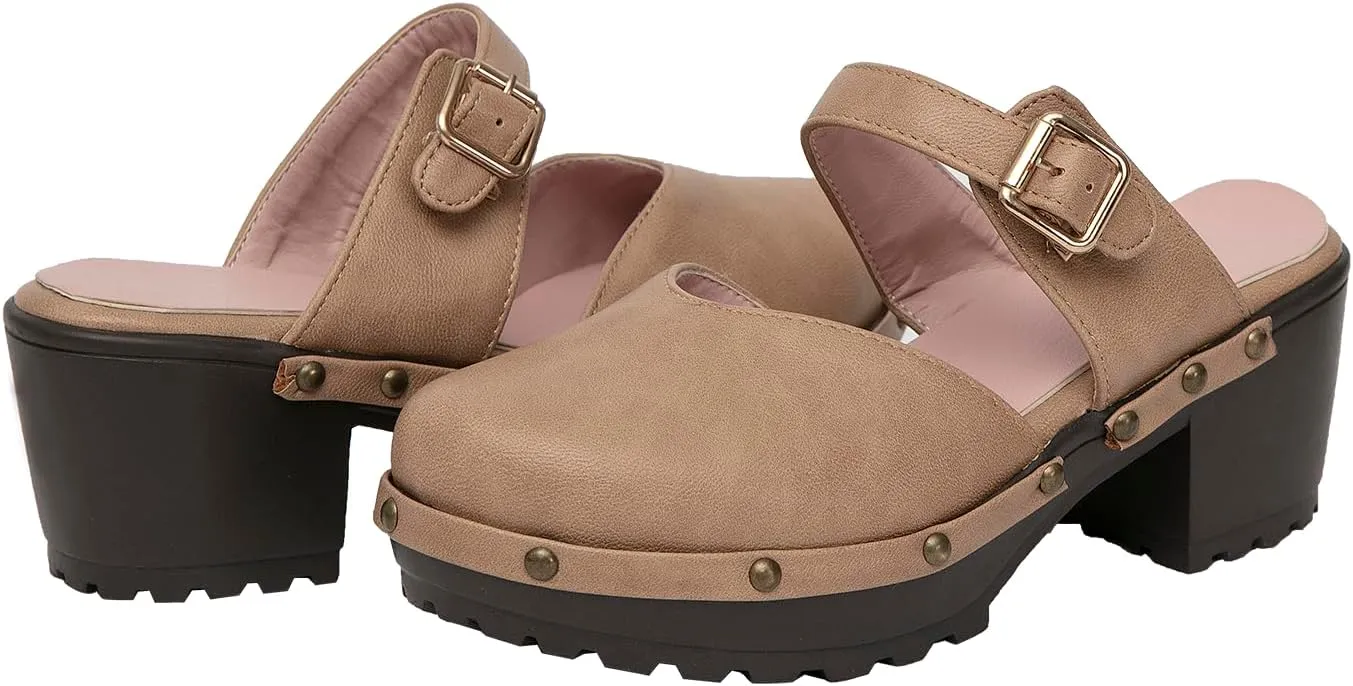 getmorebeauty Women's Chunky Heels Mules Clogs Slip-on Buckle Closed Toe Classic Rivet Platform Clogs Shoes