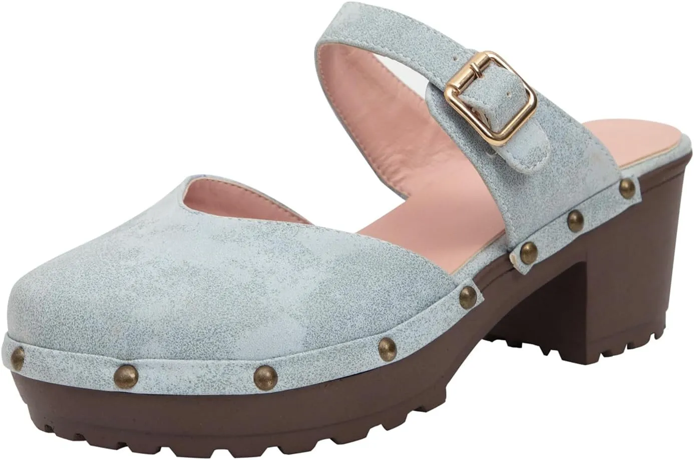 getmorebeauty Women's Chunky Heels Mules Clogs Slip-on Buckle Closed Toe Classic Rivet Platform Clogs Shoes