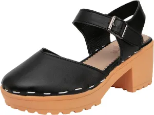 getmorebeauty Women's Low Chunky Heel Mules Clogs Sandals Ankle Strap Closed Toe Platform Clogs Shoes