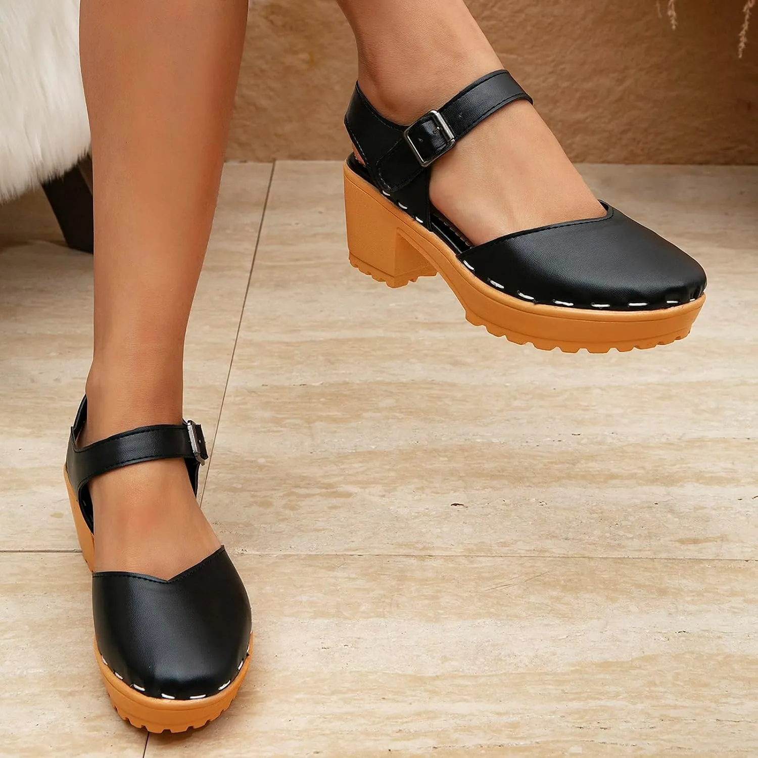 getmorebeauty Women's Low Chunky Heel Mules Clogs Sandals Ankle Strap Closed Toe Platform Clogs Shoes