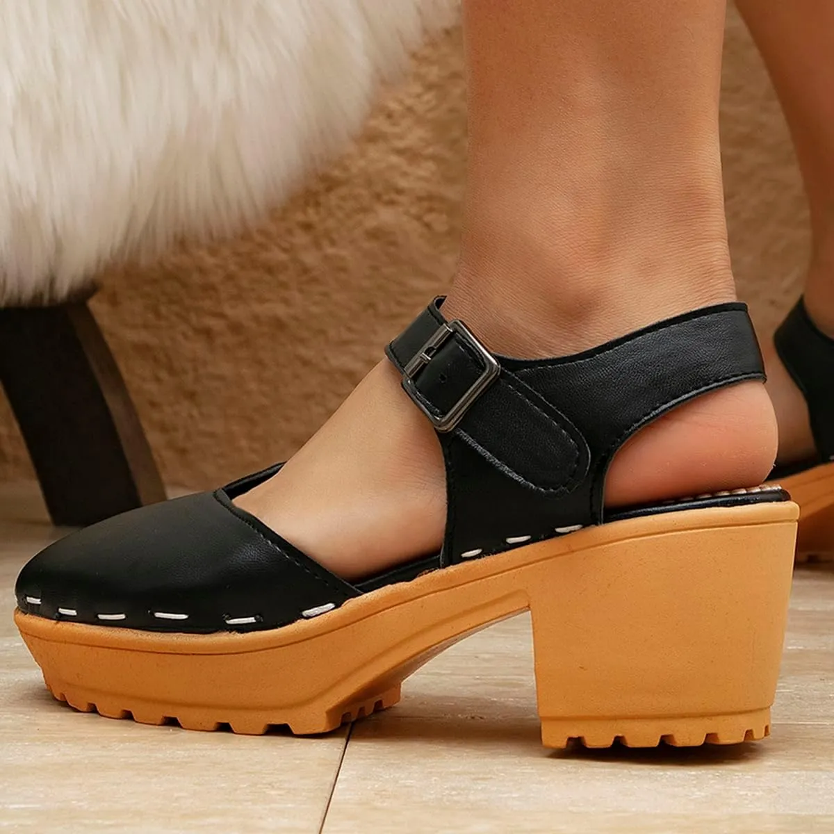 getmorebeauty Women's Low Chunky Heel Mules Clogs Sandals Ankle Strap Closed Toe Platform Clogs Shoes