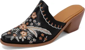 Gicoiz Slippers Womens Block Heel Pointed Toe Embroidered Mules