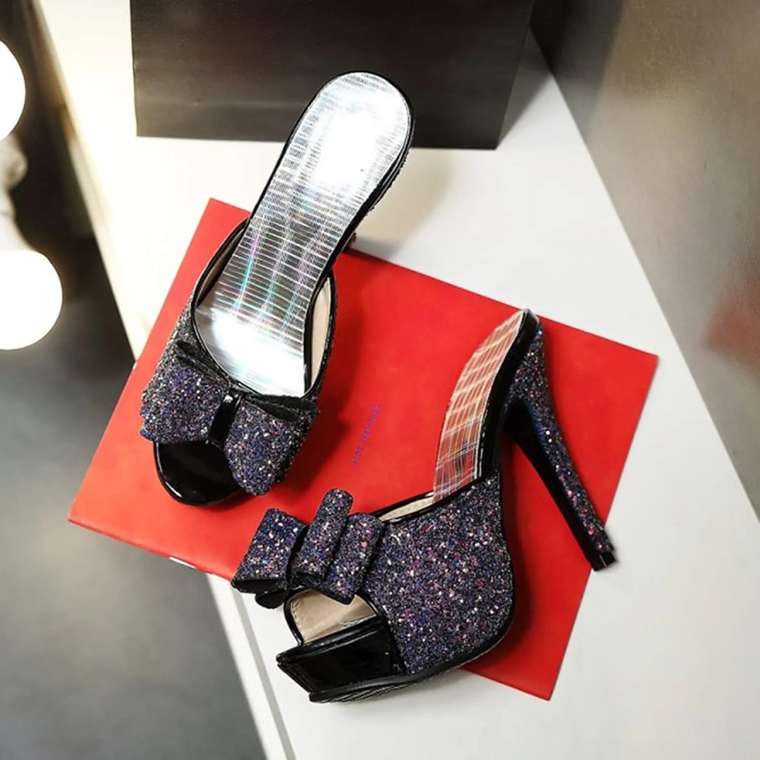 Gicoiz Women Stiletto Mules Platform High Heel Glitter Sandals Peep Toe