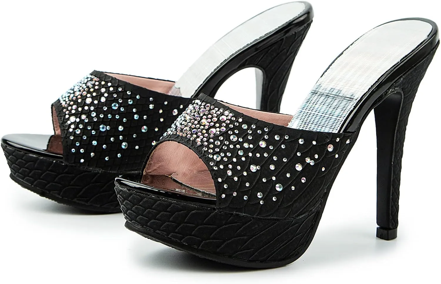 Gicoiz Women Stiletto Mules Platform High Heel Glitter Sandals Peep Toe