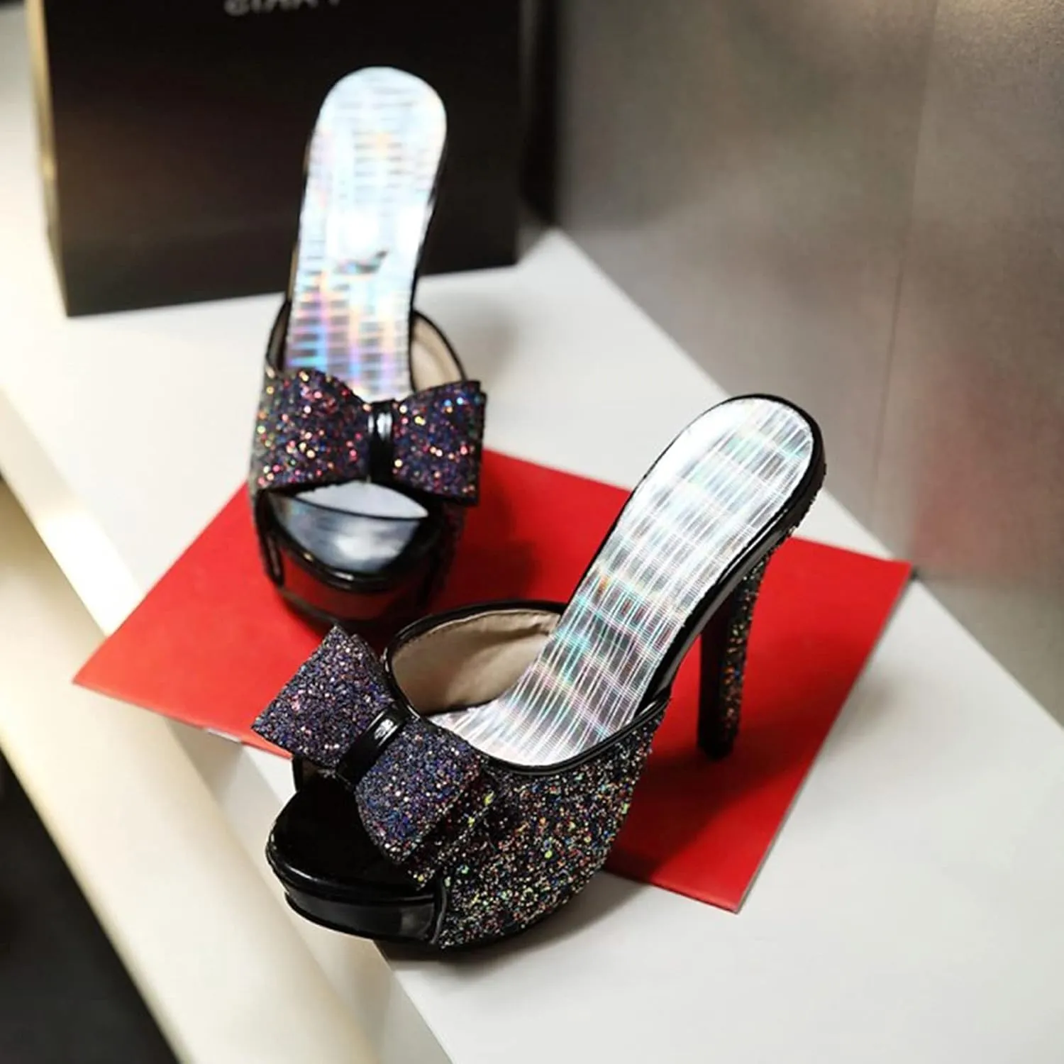 Gicoiz Women Stiletto Mules Platform High Heel Glitter Sandals Peep Toe