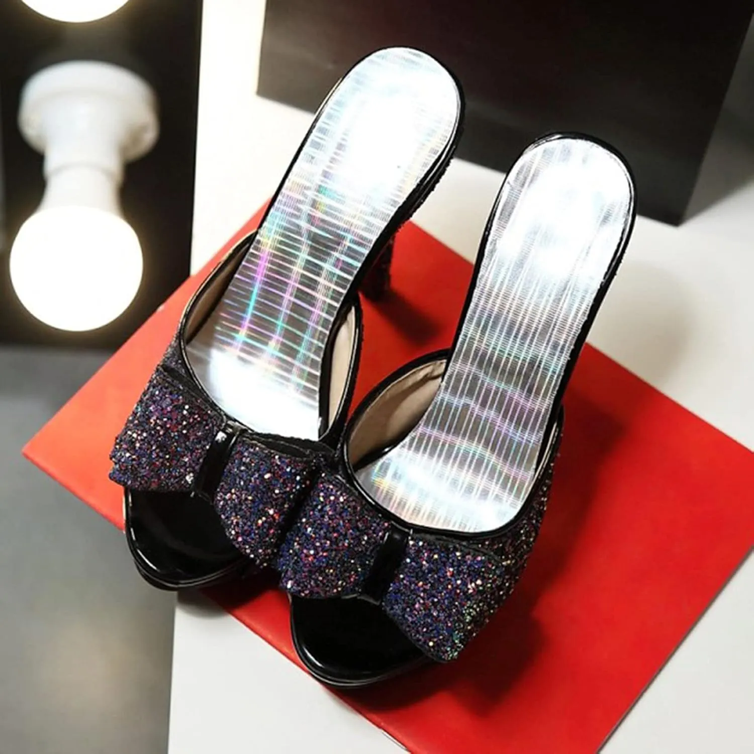 Gicoiz Women Stiletto Mules Platform High Heel Glitter Sandals Peep Toe