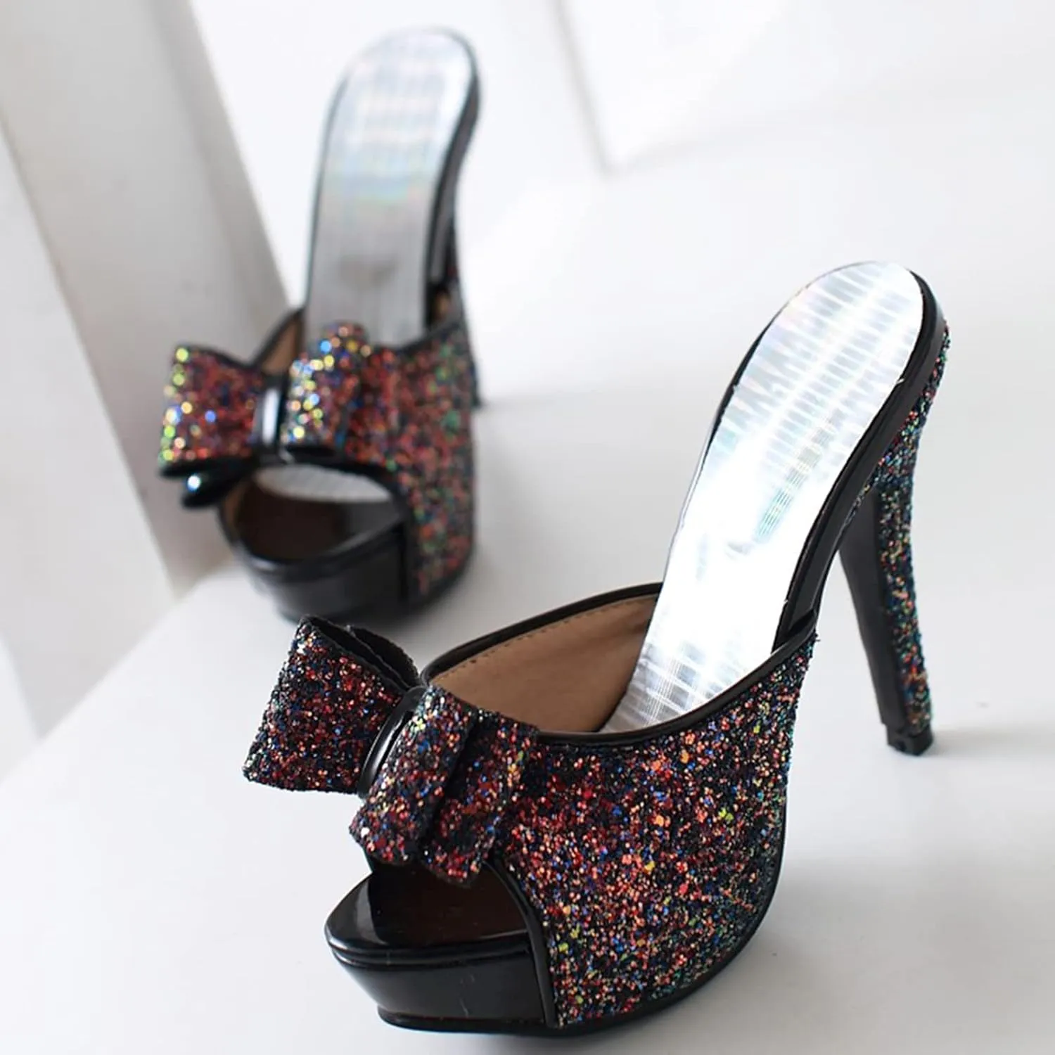 Gicoiz Women Stiletto Mules Platform High Heel Glitter Sandals Peep Toe