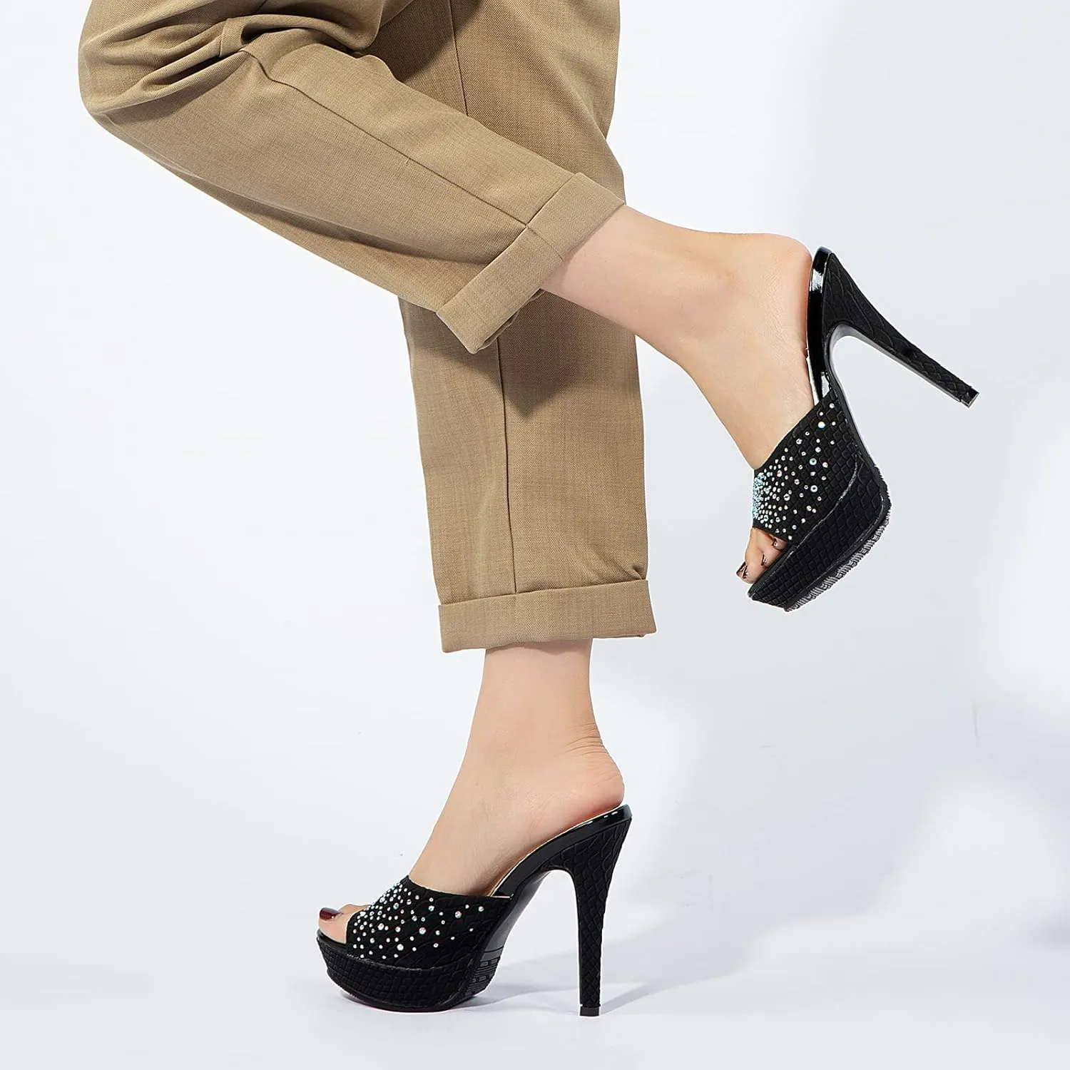 Gicoiz Women Stiletto Mules Platform High Heel Glitter Sandals Peep Toe