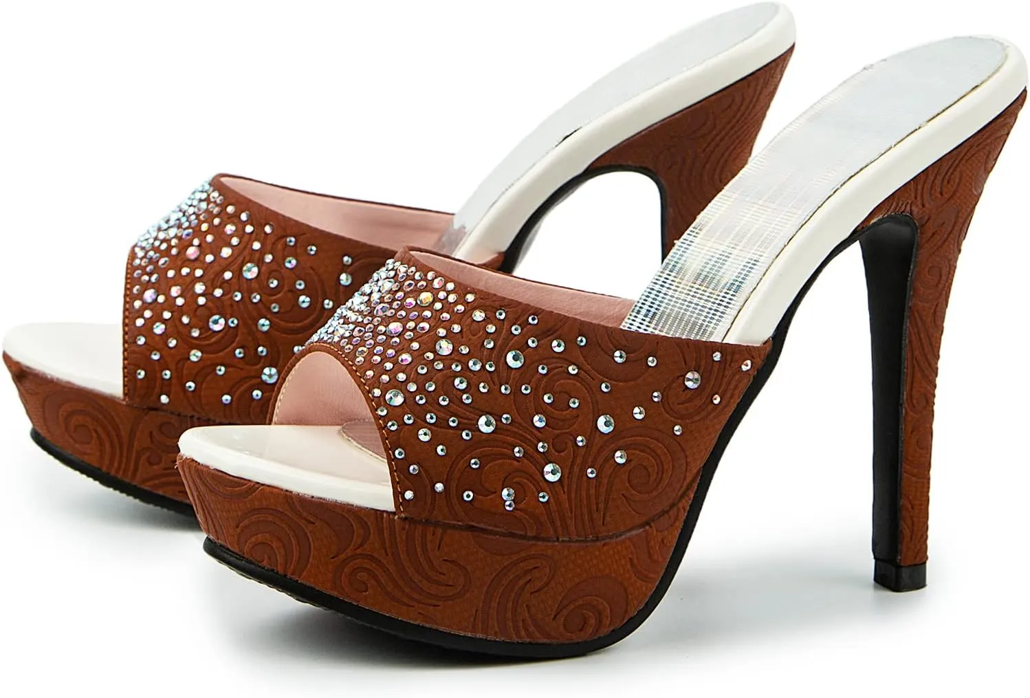 Gicoiz Women Stiletto Mules Platform High Heel Glitter Sandals Peep Toe