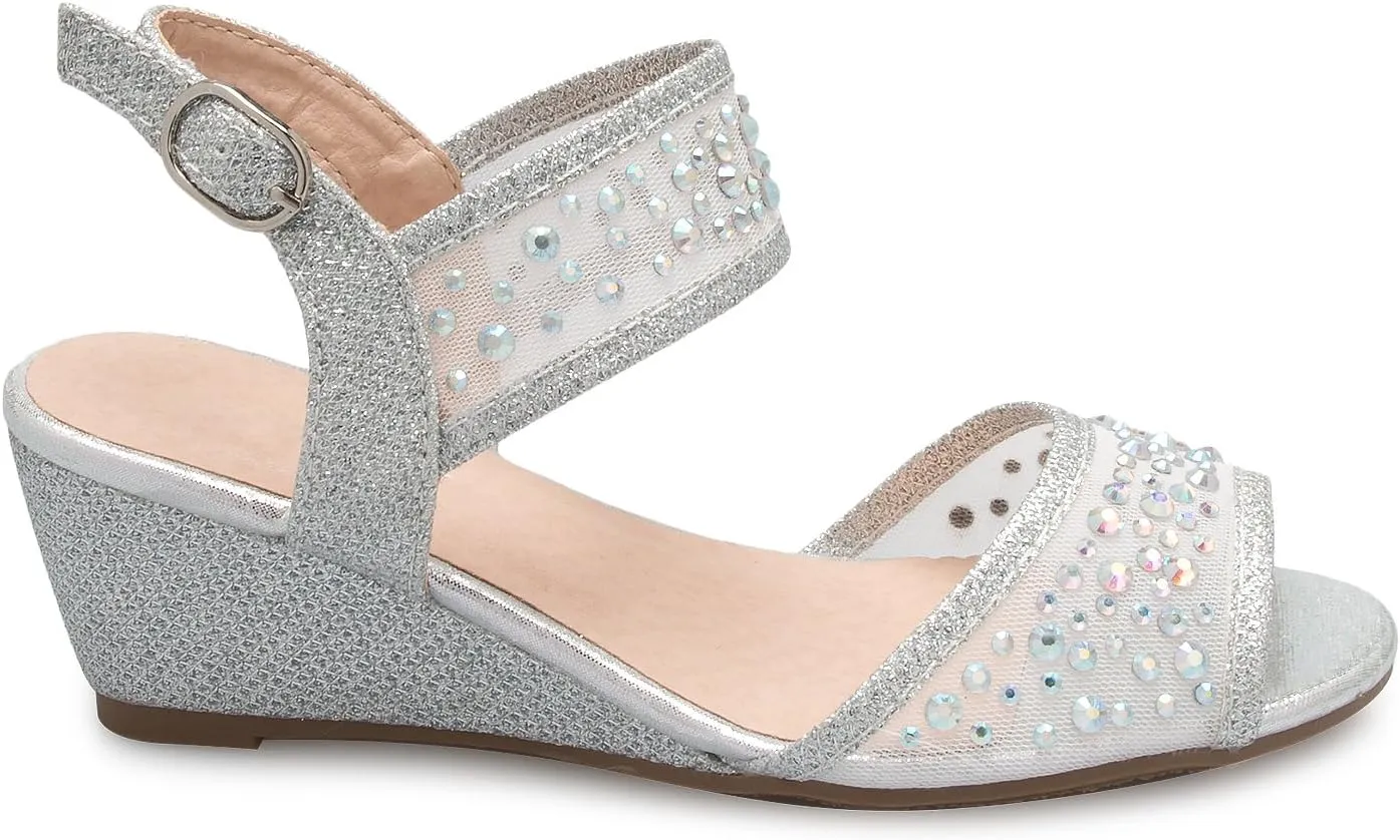 Girl's Peep Toe Rhinestone Ankle Strap with Adjustable Buckle Wedge Sandals - Adorable, Comfort, Casual