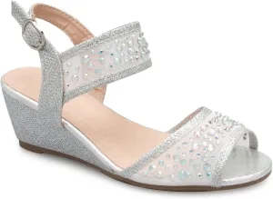 Girl's Peep Toe Rhinestone Ankle Strap with Adjustable Buckle Wedge Sandals - Adorable, Comfort, Casual
