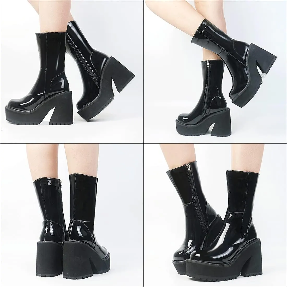 Goiphrri Ankle Boots for Women Chunky Heel Platform Boots Fashion Work Combat Booties Round Toe Punk Boot Party Rave Booties for Women