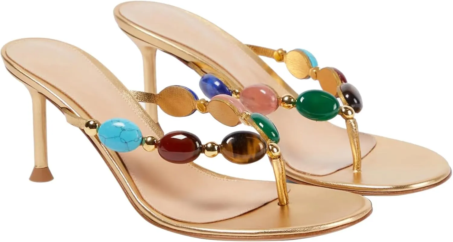 Gold Stone Thong Heeled Sandals for Women Jewelled Open Toe Flip Flop Mules High Heels Summer Wedding Pumps Shoes