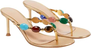 Gold Stone Thong Heeled Sandals for Women Jewelled Open Toe Flip Flop Mules High Heels Summer Wedding Pumps Shoes