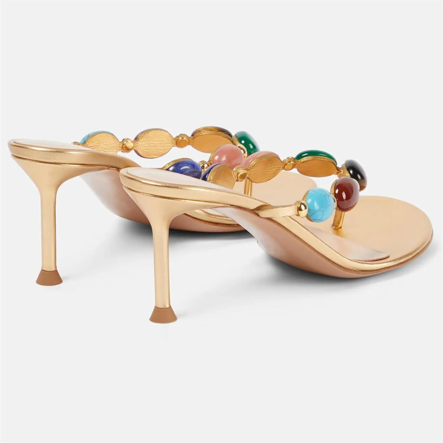 Gold Stone Thong Heeled Sandals for Women Jewelled Open Toe Flip Flop Mules High Heels Summer Wedding Pumps Shoes