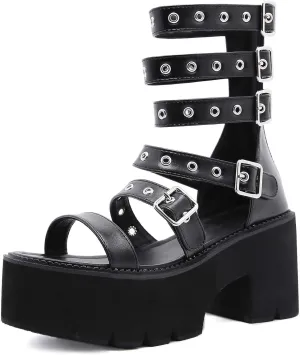 Goth Sandals Emo Shoes Wedges Heels Platform Chunky Mary Janes Slingback Buckles Cute Y2K Kawaii Grunge Punk Rock Fashion Alternative Aesthetic Shoes Rave Parties for Gothic Girls Beach Cruise Summer