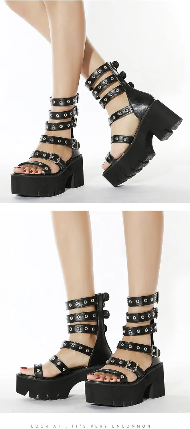 Goth Sandals Emo Shoes Wedges Heels Platform Chunky Mary Janes Slingback Buckles Cute Y2K Kawaii Grunge Punk Rock Fashion Alternative Aesthetic Shoes Rave Parties for Gothic Girls Beach Cruise Summer