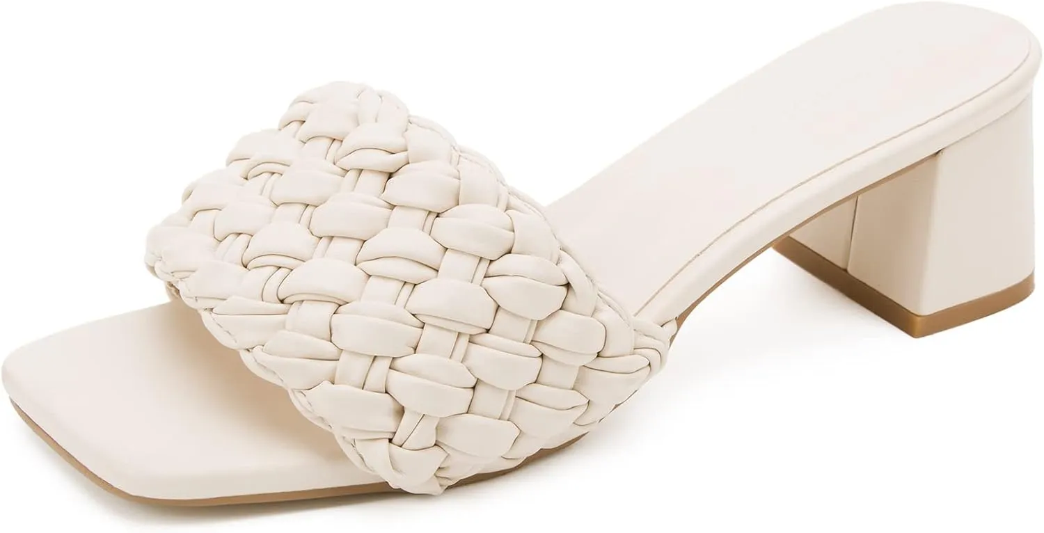 Greatonu Women's Braided Sandals with Block Heel Square Open Toe Mules Heels Summer Dressy Shoes for Women