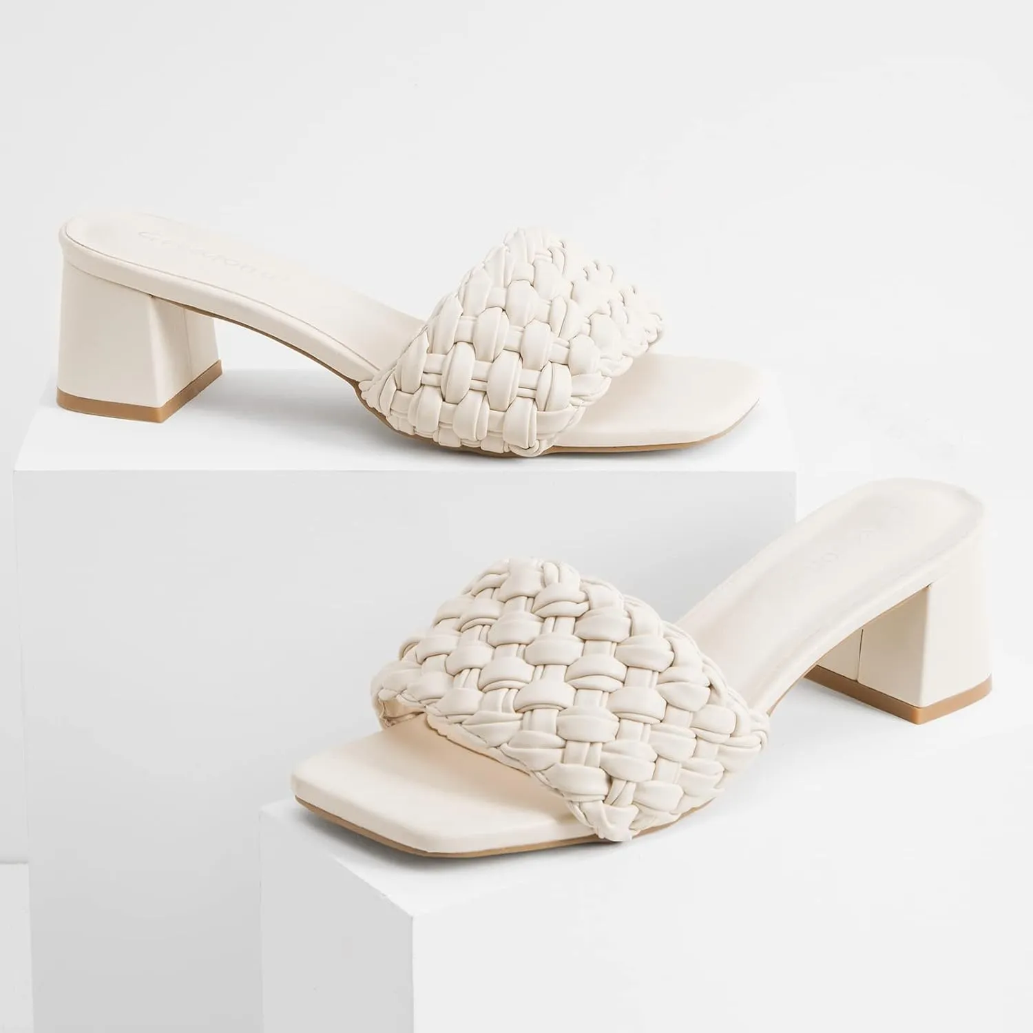 Greatonu Women's Braided Sandals with Block Heel Square Open Toe Mules Heels Summer Dressy Shoes for Women
