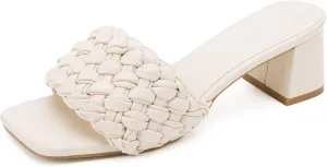 Greatonu Women's Braided Sandals with Block Heel Square Open Toe Mules Heels Summer Dressy Shoes for Women