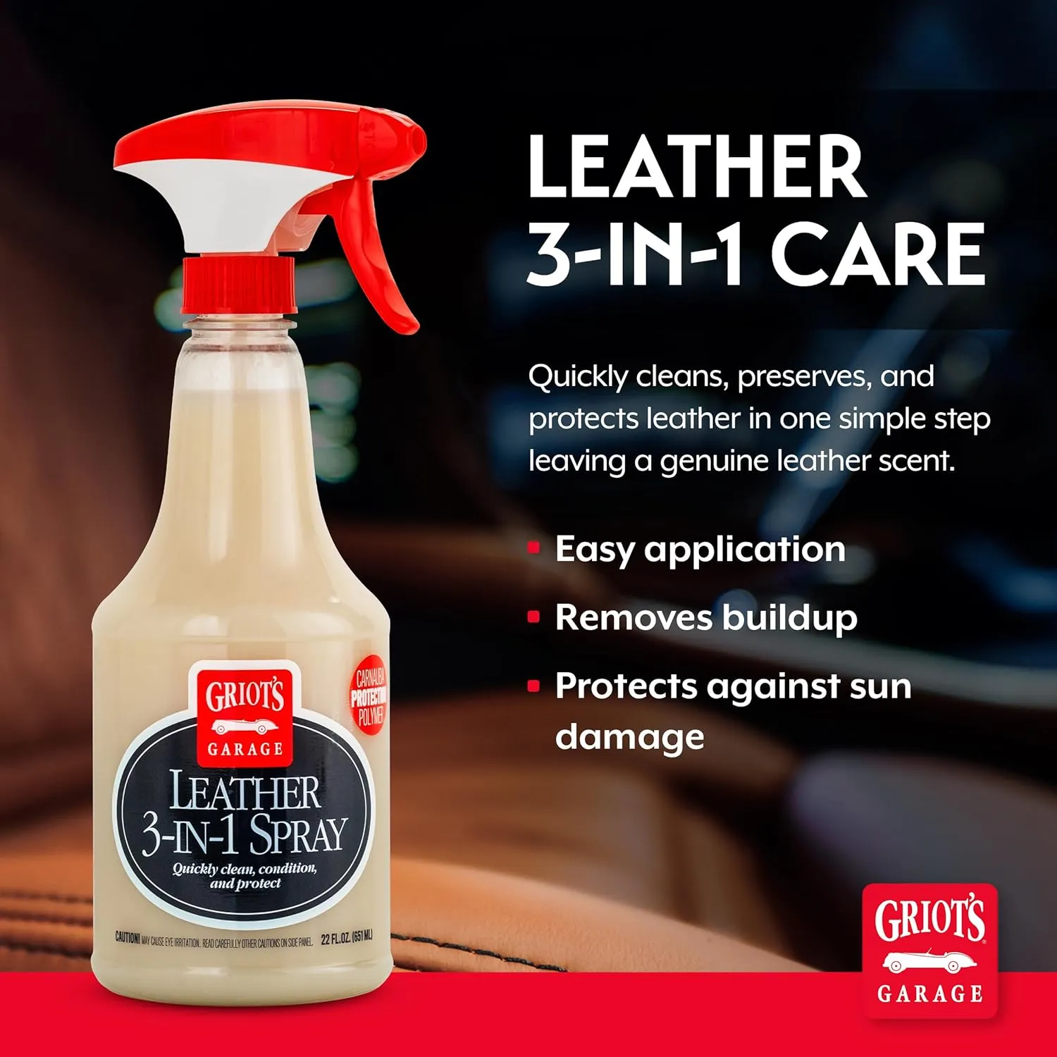Griot’s Garage Leather 3-in-1 Spray, Cleaner and Conditioner for Leather and Vinyl, Car Seats and Vehicle Interior, Truck, RV, Boats, and Home, 10963, 22 oz