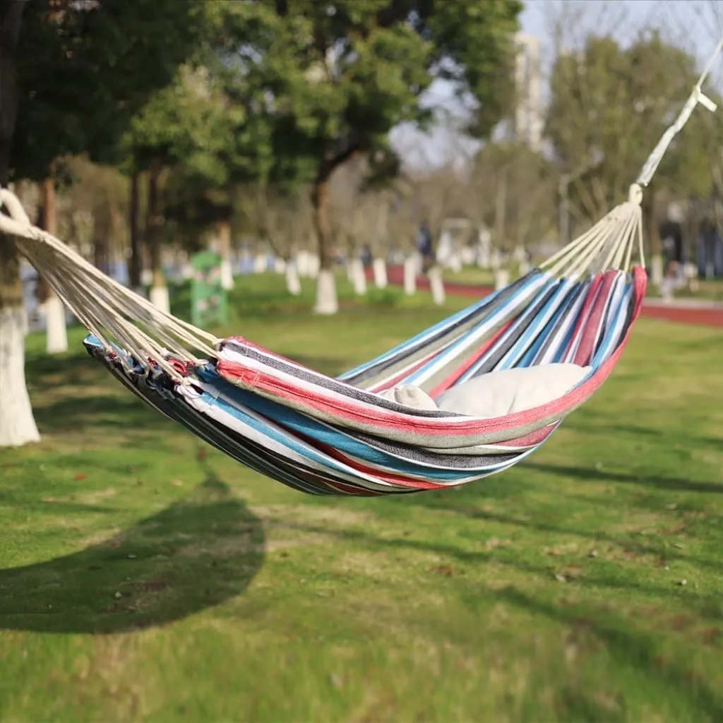 Hammock Outdoor Hammock Woven Tassel Thick Canvas Straight Stick Anti-Rollover Leisure Camping Single Double Swing Hammocks for Outside(Red,A)
