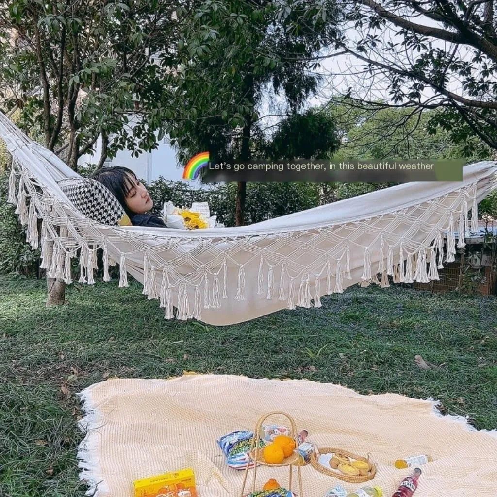 Hammock Tassel Outdoor Camping Hammock Outdoor Single Double Camping Swing Adult Thick Canvas Leisure Homestay Hammocks for Outside(Large)