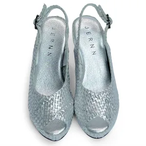 Handwoven leather HIGH peep toe wedges with criss cross front
