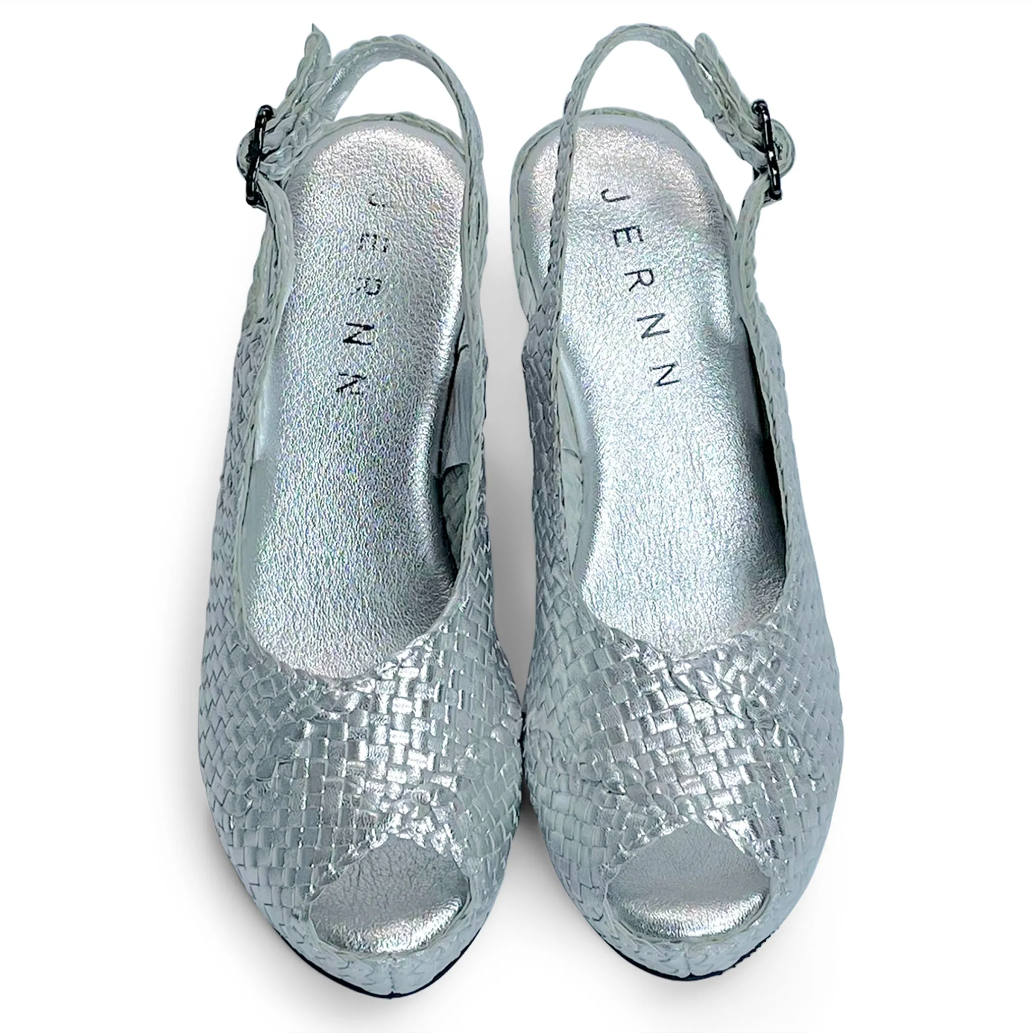 Handwoven leather HIGH peep toe wedges with criss cross front
