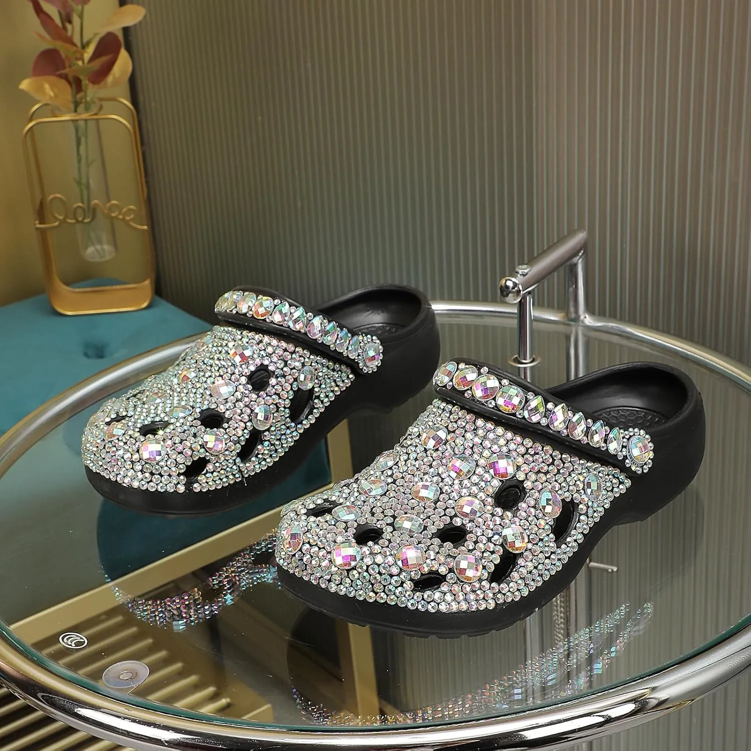 Hanfike Womens Casual Fashion Slide Mules with Rhinestone Closed Toe Comfort Flats