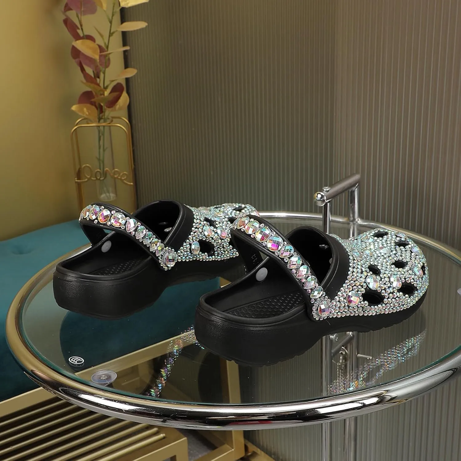 Hanfike Womens Casual Fashion Slide Mules with Rhinestone Closed Toe Comfort Flats