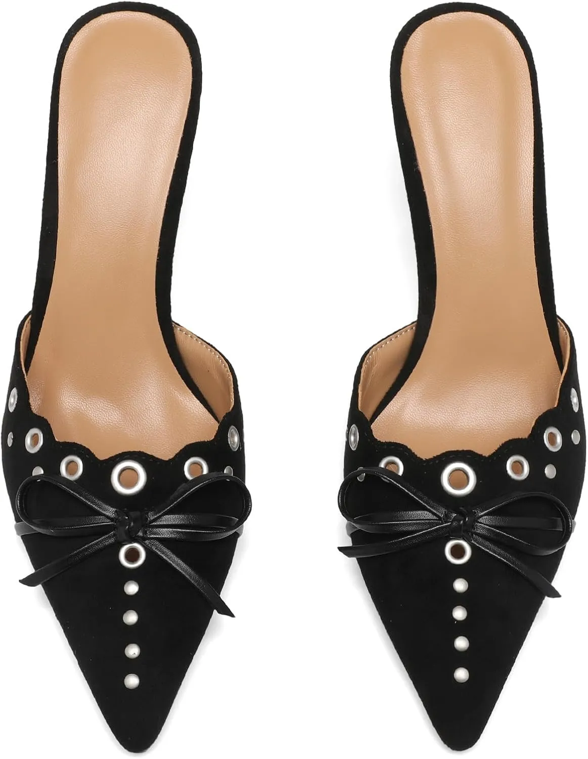 Heeled Mules for Women Pointed Toe Suede Heels Bow Tie Slip On Pumps