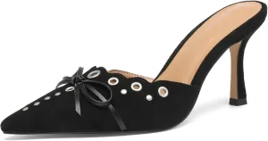 Heeled Mules for Women Pointed Toe Suede Heels Bow Tie Slip On Pumps