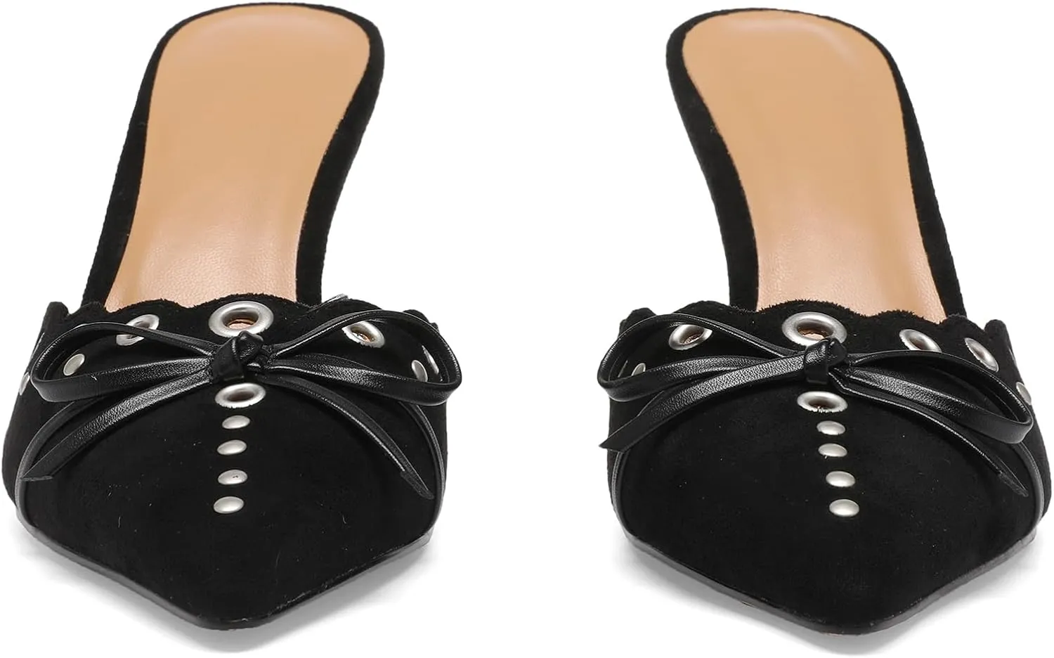 Heeled Mules for Women Pointed Toe Suede Heels Bow Tie Slip On Pumps