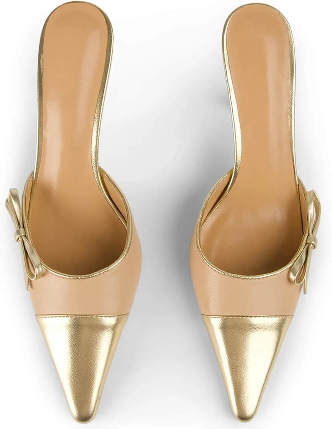 Heeled Mules for Women Two Tone Pointed Toe Pumps Slip On Bow Tie Heels