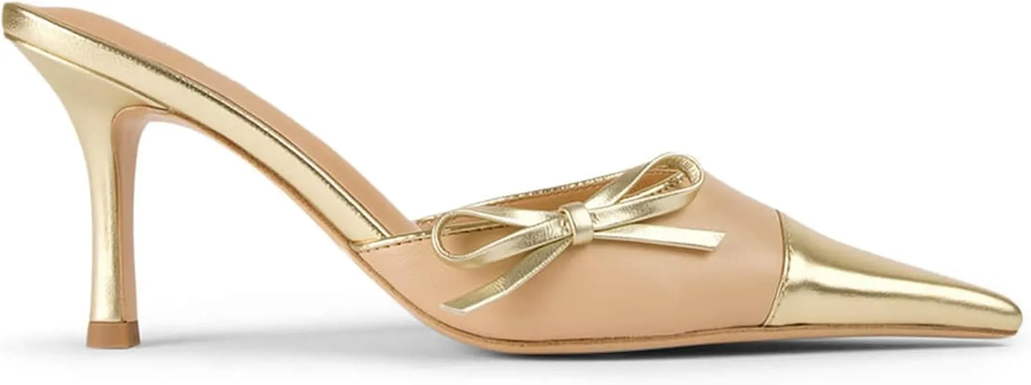 Heeled Mules for Women Two Tone Pointed Toe Pumps Slip On Bow Tie Heels
