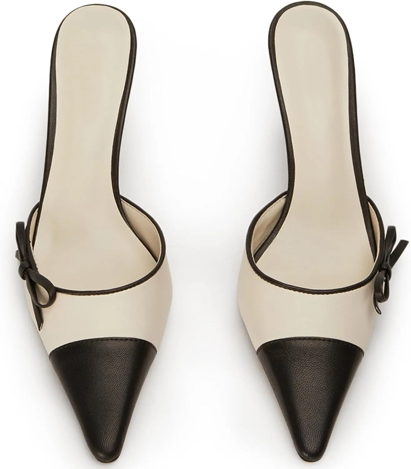 Heeled Mules for Women Two Tone Pointed Toe Pumps Slip On Bow Tie Heels