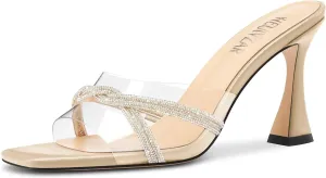 HEUIVZAR Womens Mid Kitten Heel Peep Open Square Toe Mules Shoes Slip-on Rhinestone Crystal Prom Clear Summer Shoes